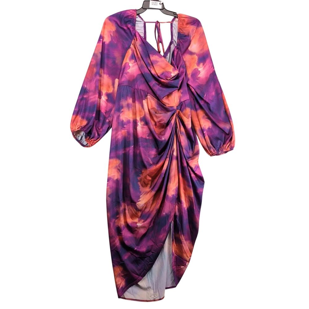 NWT Shein Bae Elegant Satin Dress Plus Size 4XL Puff Slv‎ Draped Cowl Side Slit